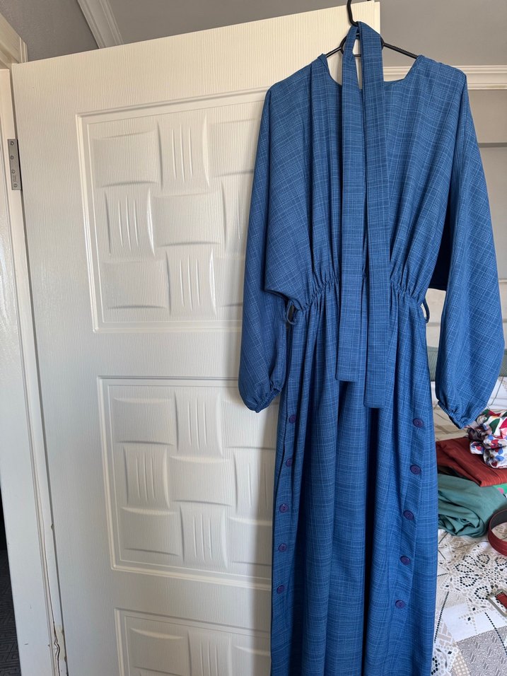 Bohem Uzun Kollu Gri Mavi Uzun Elbise - Görsel 2