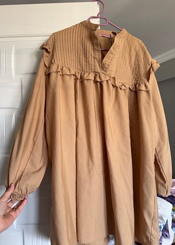 Bej Kadın Fırfırlı Midi Keten Tunik - Görsel 2