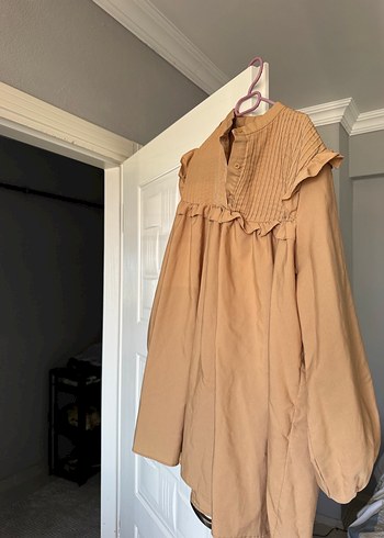 Bej Kadın Fırfırlı Midi Keten Tunik - Görsel 3