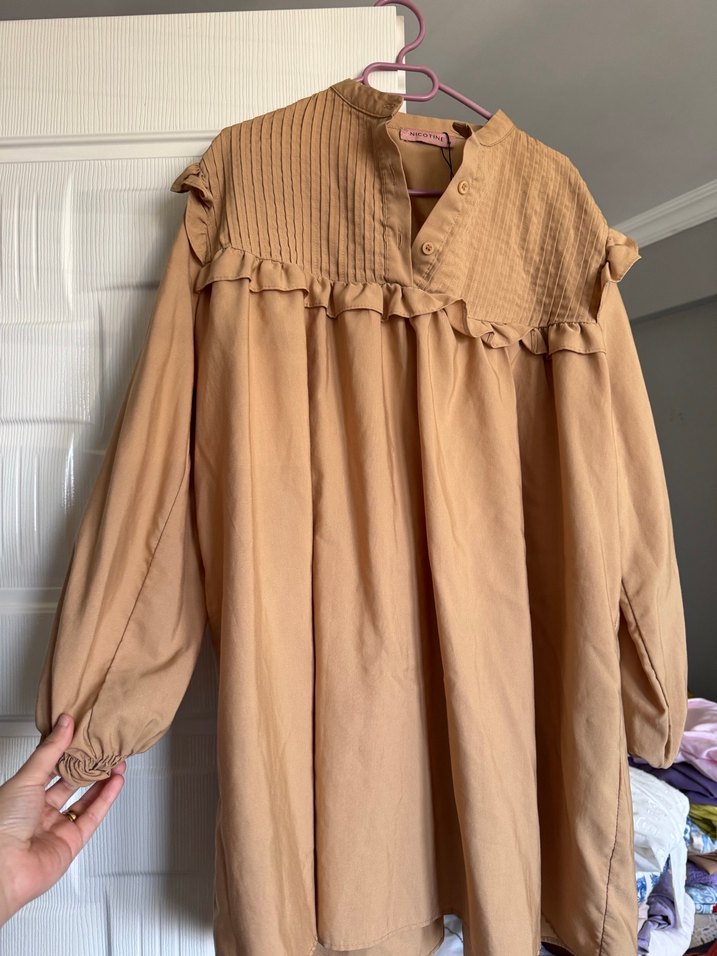 Bej Kadın Fırfırlı Midi Keten Tunik - Görsel 2