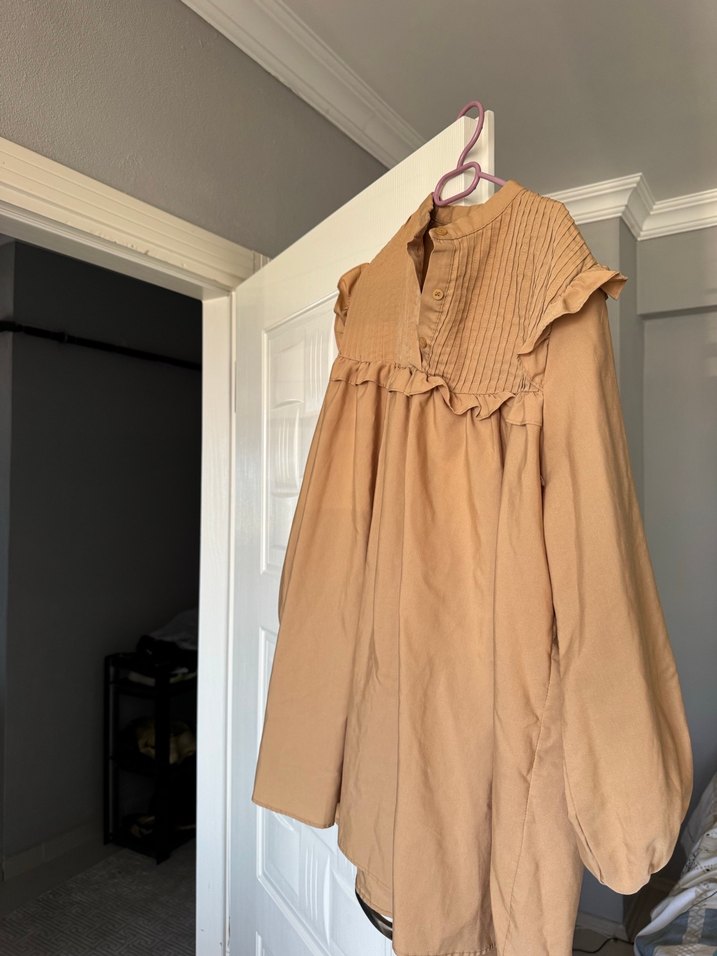 Bej Kadın Fırfırlı Midi Keten Tunik - Görsel 3