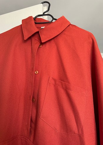 Kırmızı Uzun Kollu Keten Salaş Gömlek - Görsel 2