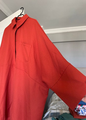 Kırmızı Uzun Kollu Keten Salaş Gömlek - Görsel 3