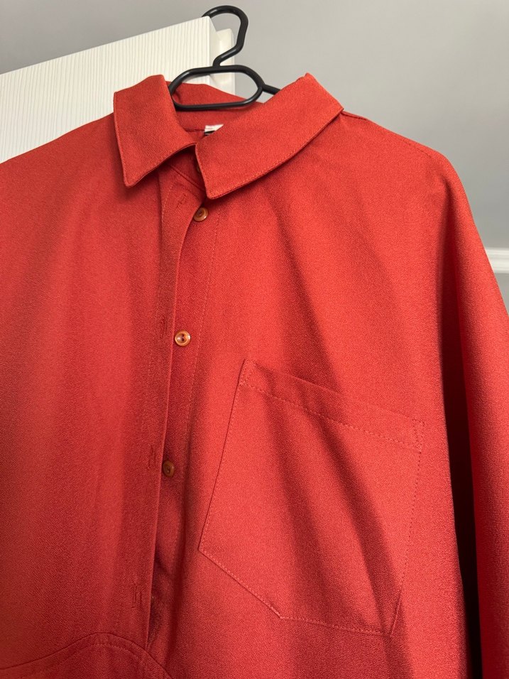 Kırmızı Uzun Kollu Keten Salaş Gömlek - Görsel 2