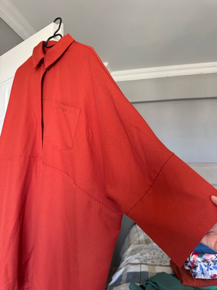 Kırmızı Uzun Kollu Keten Salaş Gömlek - Görsel 3