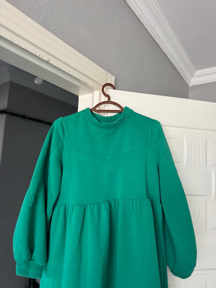Uzun Kollu Yeşil Salaş Kadın Elbise - Görsel 2