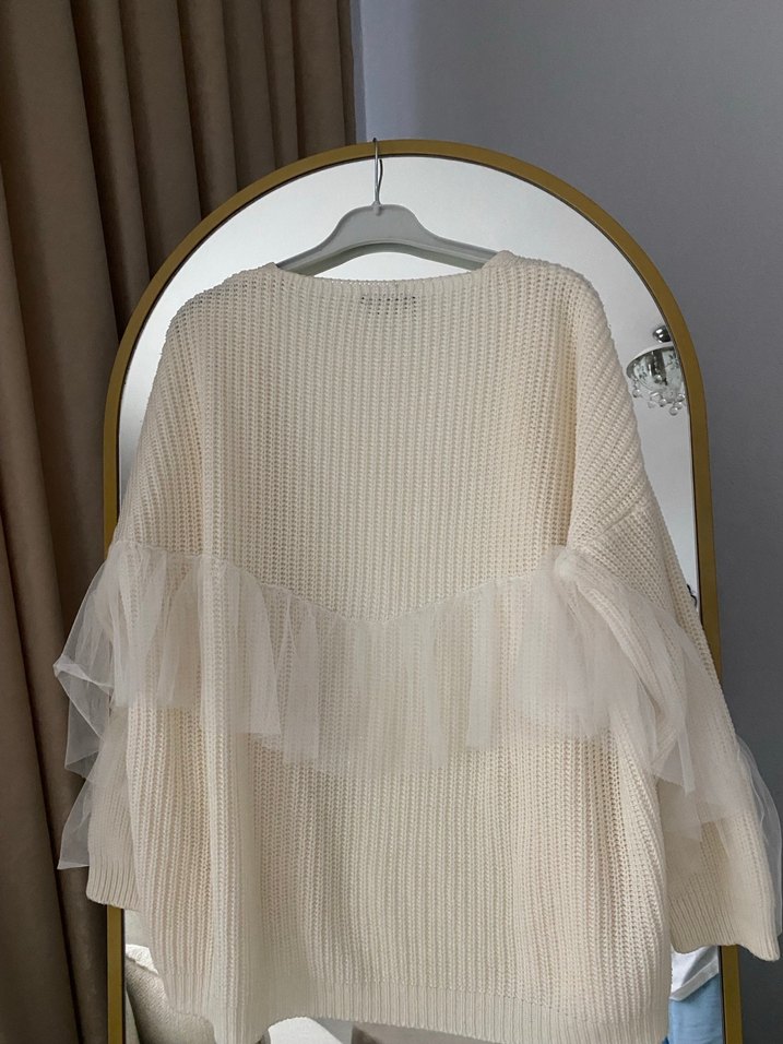 Tül detaylı triko hırka - Görsel 4