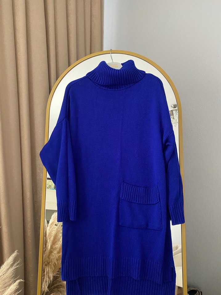 Mavi Balıkçı Yaka Uzun Örgü Kadın Kazak - Görsel 2