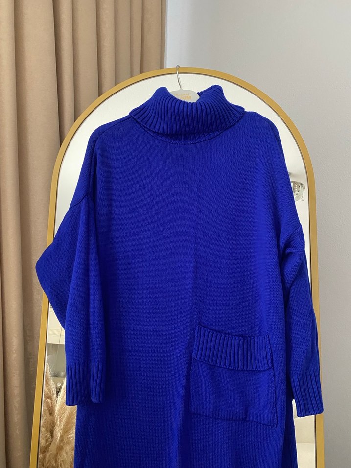 Mavi Balıkçı Yaka Uzun Örgü Kadın Kazak - Görsel 3