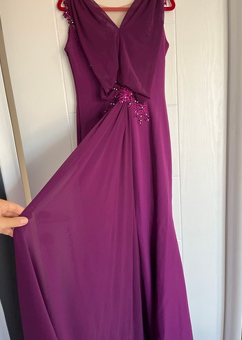 Mor Uzun V Yaka Drapeli Abiye Elbise - Görsel 4
