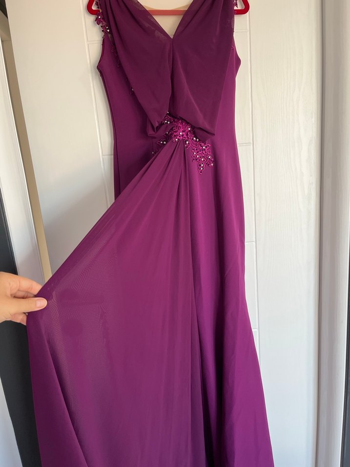 Mor Uzun V Yaka Drapeli Abiye Elbise - Görsel 4