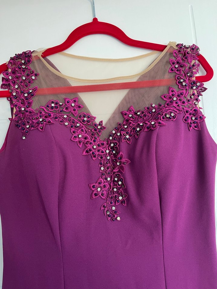 Mor Uzun V Yaka Drapeli Abiye Elbise - Görsel 2