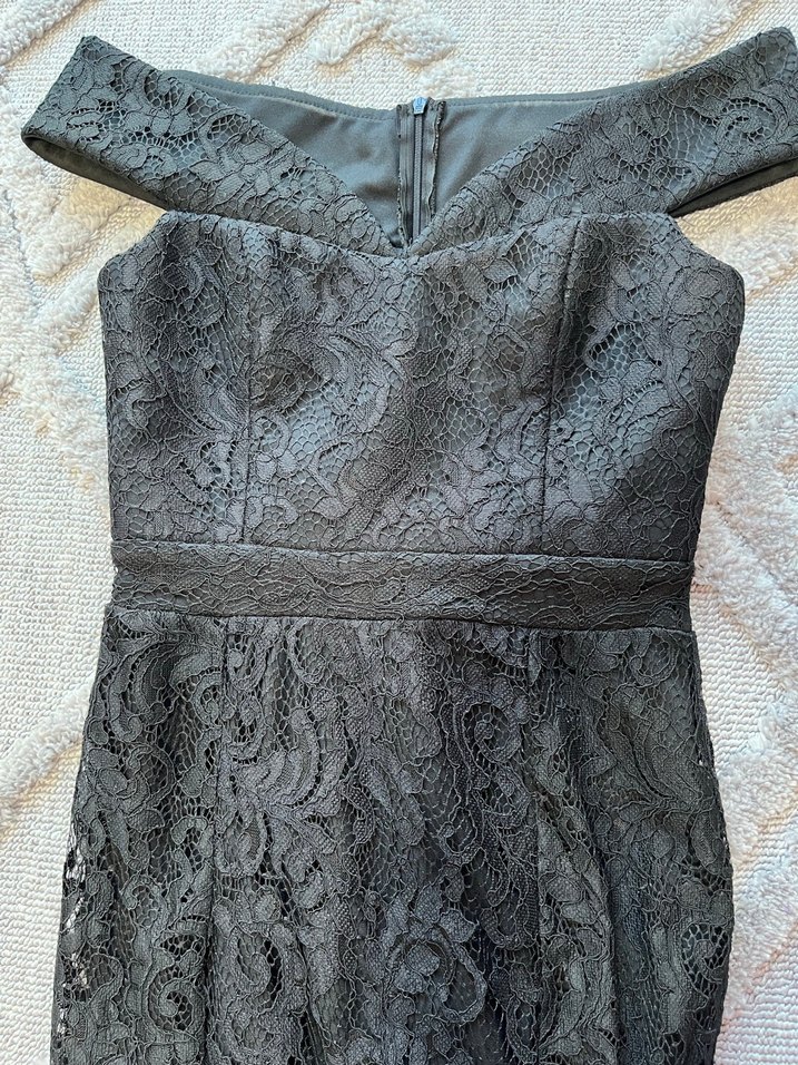 Dantel Detaylı Siyah Uzun Abiye Elbise - Görsel 5