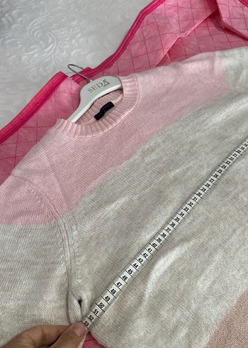 Pembe ve Beyaz Triko Midi Kadın Kazak - Görsel 6