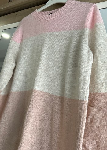 Pembe ve Beyaz Triko Midi Kadın Kazak - Görsel 2