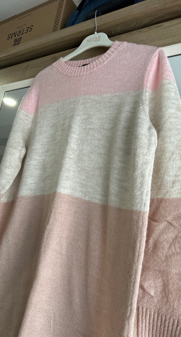 Pembe ve Beyaz Triko Midi Kadın Kazak - Görsel 2