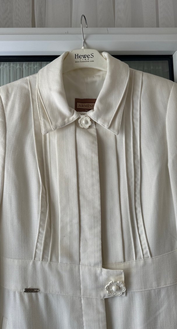 Armine Uzun Beyaz Keten Kadın pardesü - Görsel 3