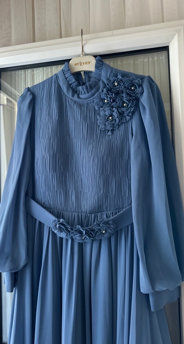 Uzun Mavi Şık Abiye Elbise - Görsel 2