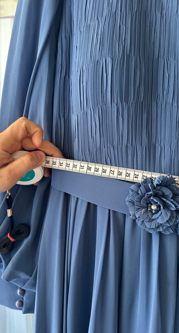 Uzun Mavi Şık Abiye Elbise - Görsel 5