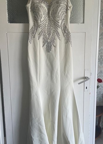 Payetli Nakışlı V Yaka Beyaz Midi Elbise - Görsel 3