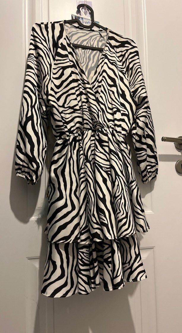 Zebra Desenli Kadın Uzun Kollu Kumaş elbise - Görsel 4