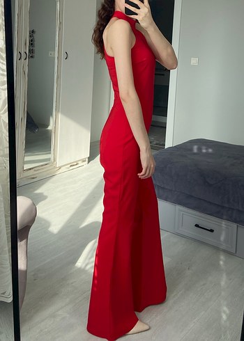 Kırmızı Midi Tulum V Yaka - Görsel 3