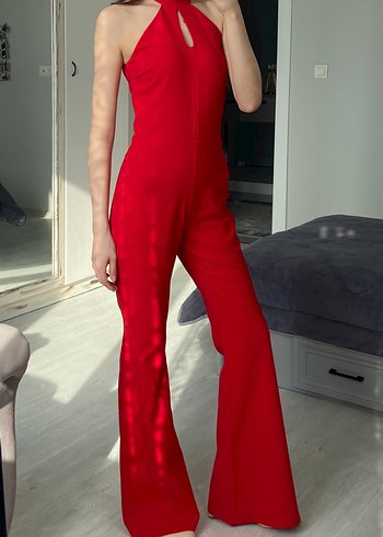 Kırmızı Midi Tulum V Yaka - Görsel 2