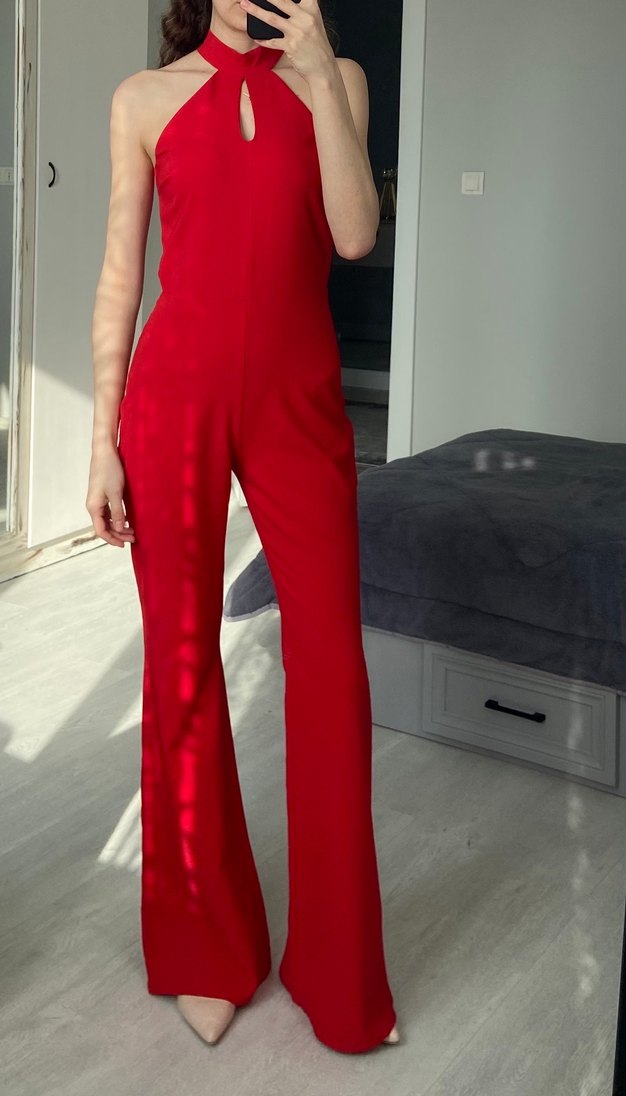 Kırmızı Midi Tulum V Yaka - Görsel 4