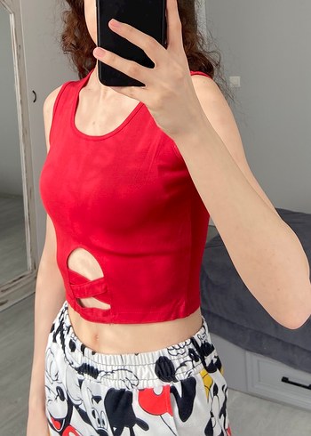 Kırmızı Mini Kolsuz Crop Top - Görsel 3