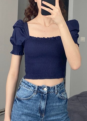 Lacivert Pilili Kısa Kollu Kadın Bluz - Görsel 2