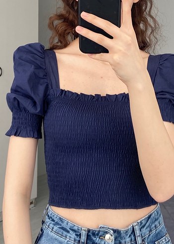 Lacivert Pilili Kısa Kollu Kadın Bluz - Görsel 3