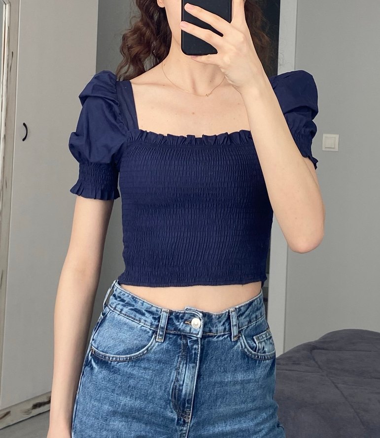 Lacivert Pilili Kısa Kollu Kadın Bluz - Görsel 2