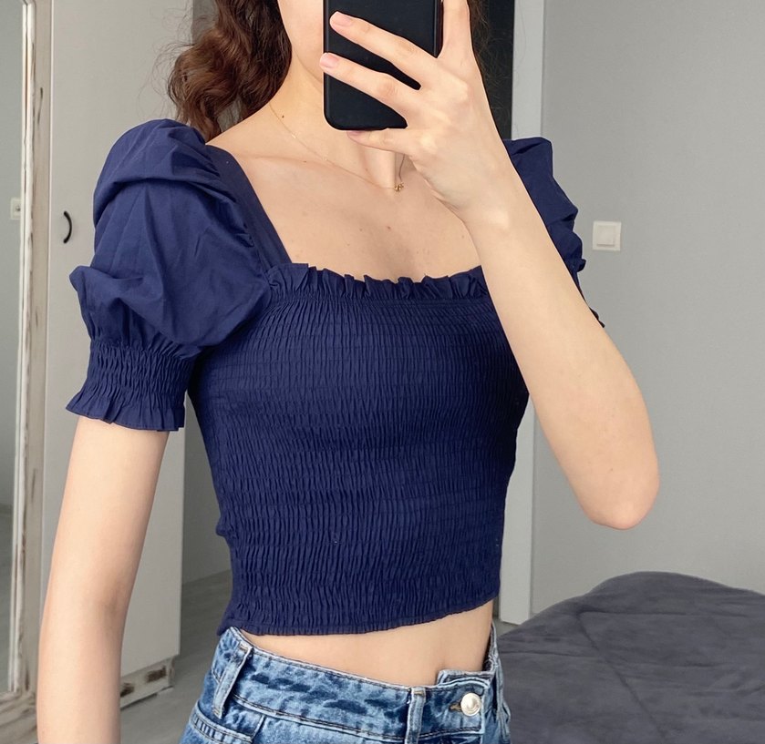 Lacivert Pilili Kısa Kollu Kadın Bluz - Görsel 4