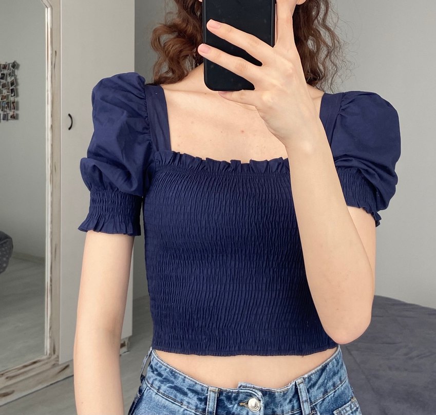 Lacivert Pilili Kısa Kollu Kadın Bluz - Görsel 3