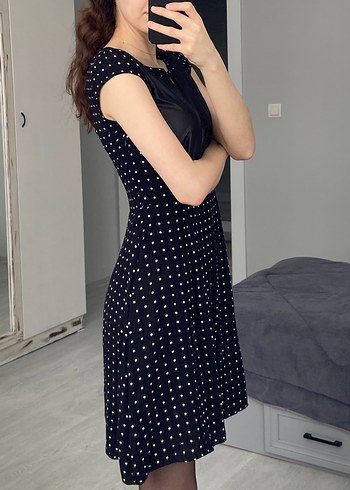 Puantiye Desenli Siyah Midi Elbise - Görsel 6