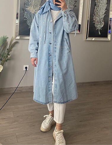 diğer Beden mavi Renk Yeni etiketli taşlı uzun denim trenç