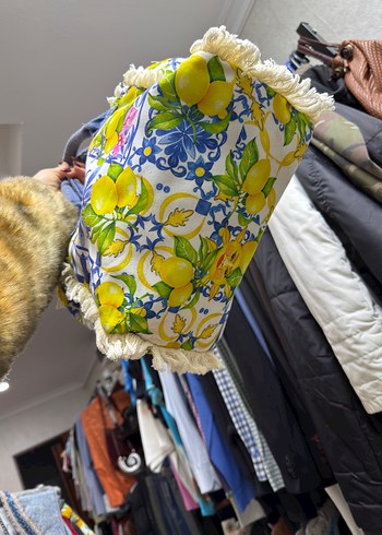 Sarı limon Baskılı almafi püsküllü Bohem Kadın Çanta - Görsel 4