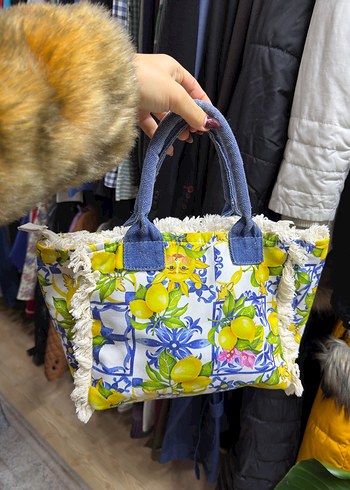 Sarı limon Baskılı almafi püsküllü Bohem Kadın Çanta - Görsel 2