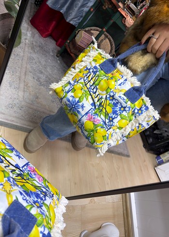 Sarı limon Baskılı almafi püsküllü Bohem Kadın Çanta - Görsel 7