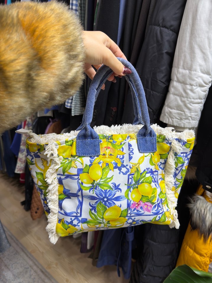 Sarı limon Baskılı almafi püsküllü Bohem Kadın Çanta - Görsel 2