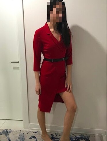 Diğer Kırmızı kruvaze yaka şık yandan asimetrik yırtmaçlı