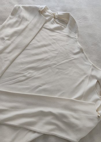 Kadın Beyaz Keten Salaş Uzun Kollu Kazak - Görsel 5