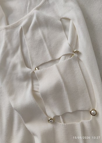 Kadın Beyaz Keten Salaş Uzun Kollu Kazak - Görsel 3