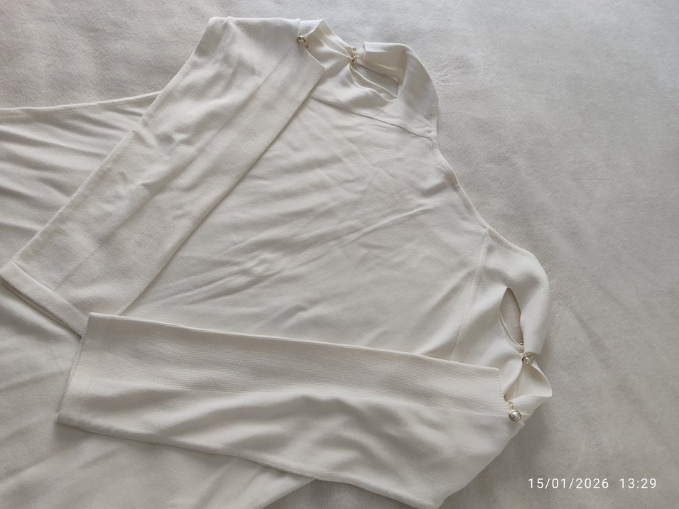 Kadın Beyaz Keten Salaş Uzun Kollu Kazak - Görsel 5