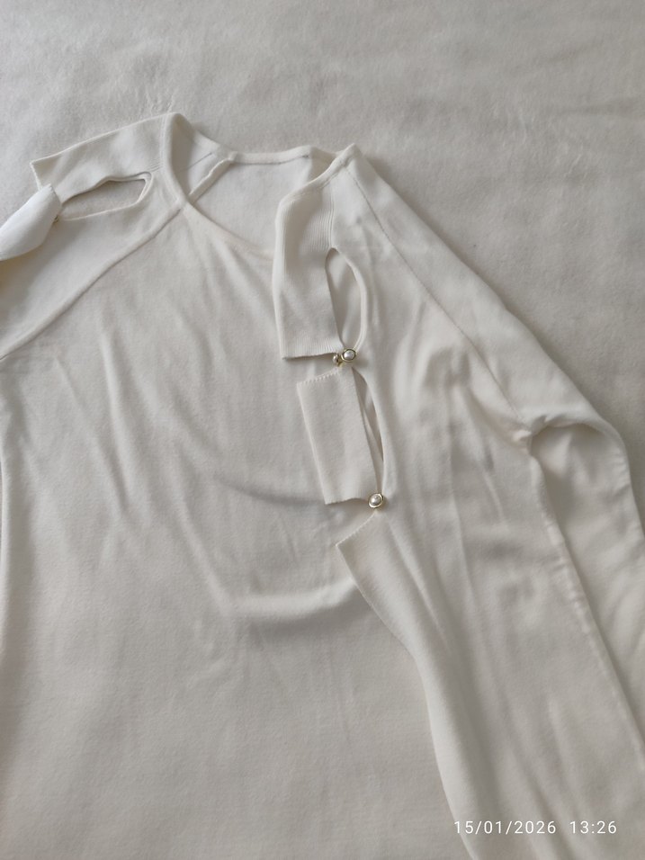 Kadın Beyaz Keten Salaş Uzun Kollu Kazak - Görsel 2