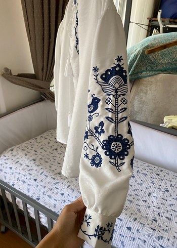 Nakışlı Bohem Kadın Beyaz Pamuk Bluz - Görsel 2