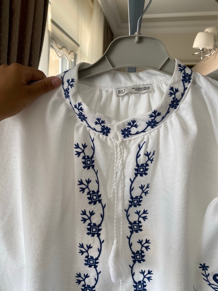 Nakışlı Bohem Kadın Beyaz Pamuk Bluz - Görsel 3