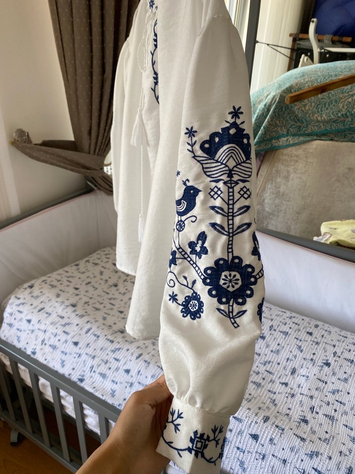 Nakışlı Bohem Kadın Beyaz Pamuk Bluz - Görsel 2