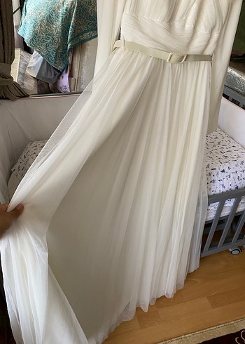 Drapeli Uzun Beyaz Straplez Nişan Elbisesi - Görsel 5