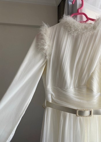 Drapeli Uzun Beyaz Straplez Nişan Elbisesi - Görsel 2